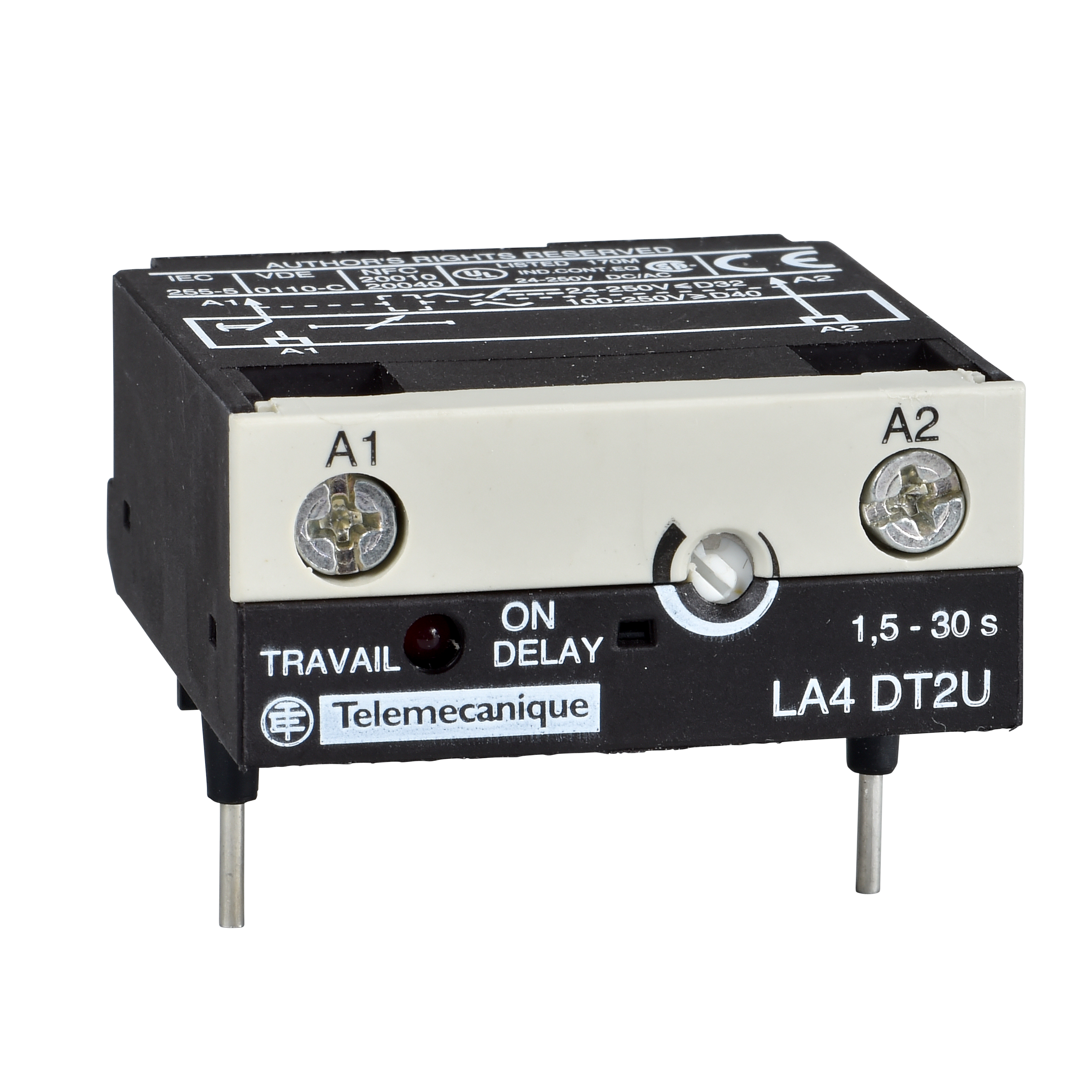 TeSys D: elektronski vremenski modul, montaza uz adapter, za 3P kontaktore D09...D80A (24...250V AC) i D80...D150 (100...250V AC), "on delay" 1,5...30s