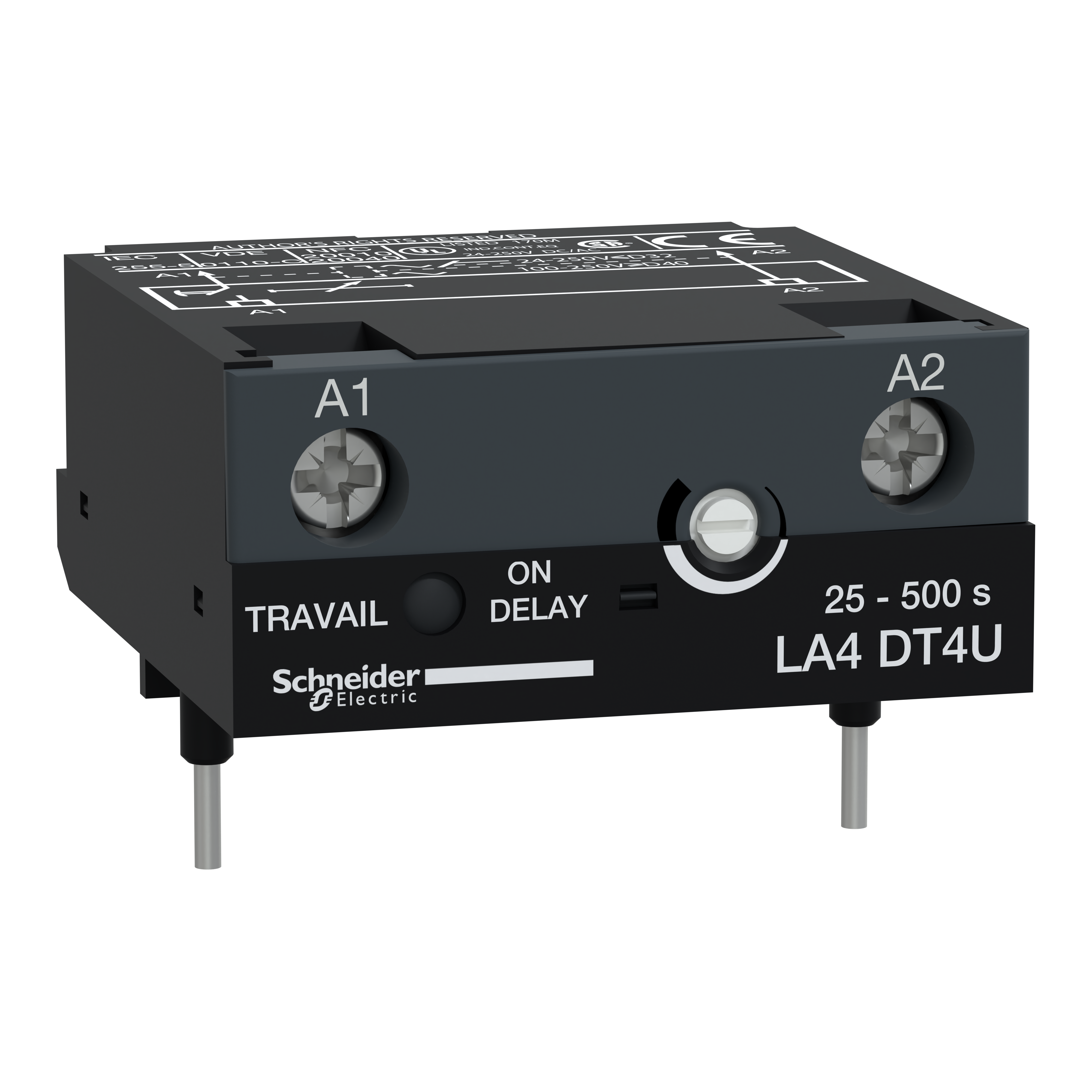 TeSys D: elektronski vremenski modul, montaza uz adapter, za 3P kontaktore D09...D80A (24...250V AC) i D80...D150 (100...250V AC), "on delay" 25...500s