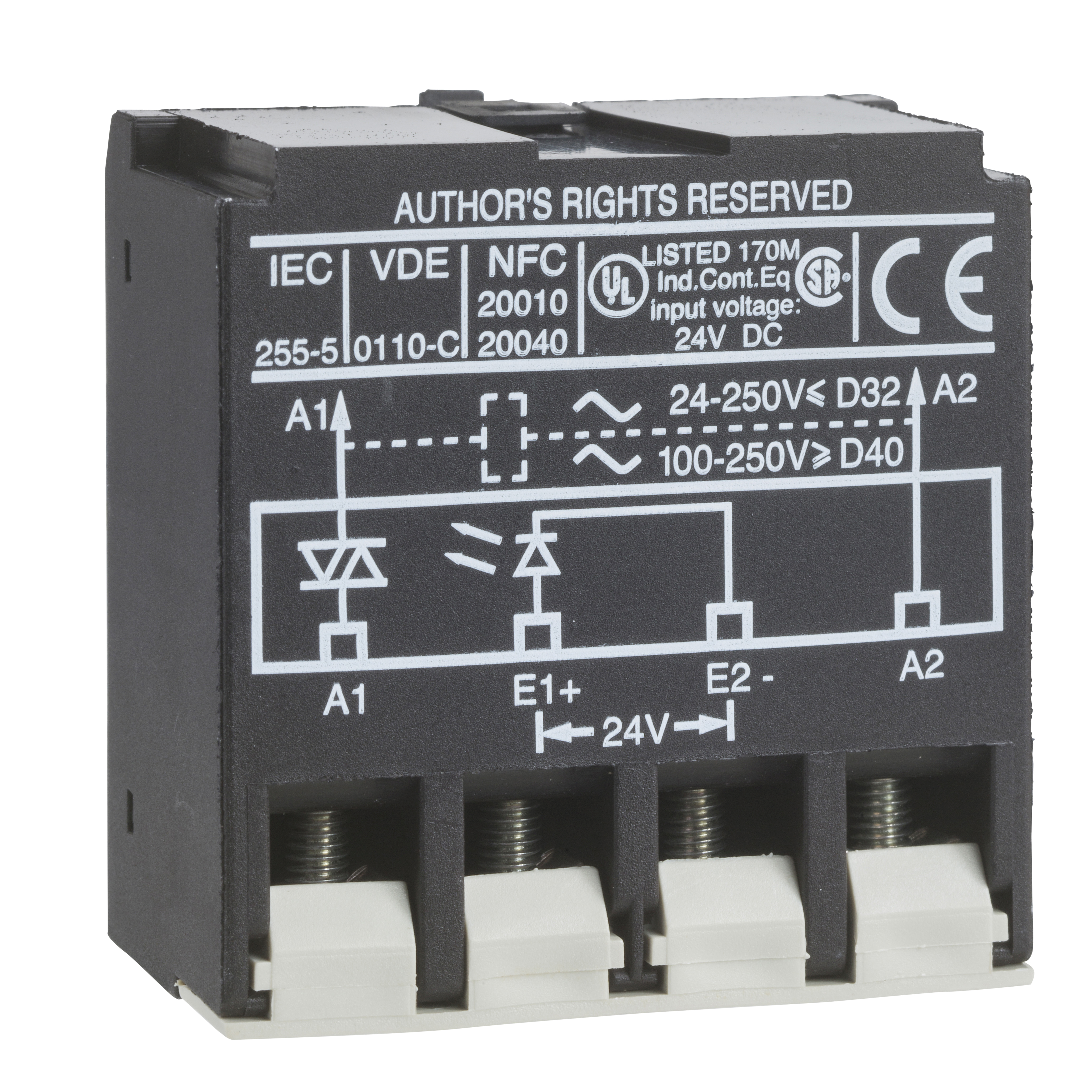 TeSys D: interfejs modul, "solid state", za 3P kontaktore D09...D115 (uz adapter na D09...D65A), U radni = 24...250V AC (D09...D80A) i 100...250V AC(D80...D115), U napajanja = 24V DC