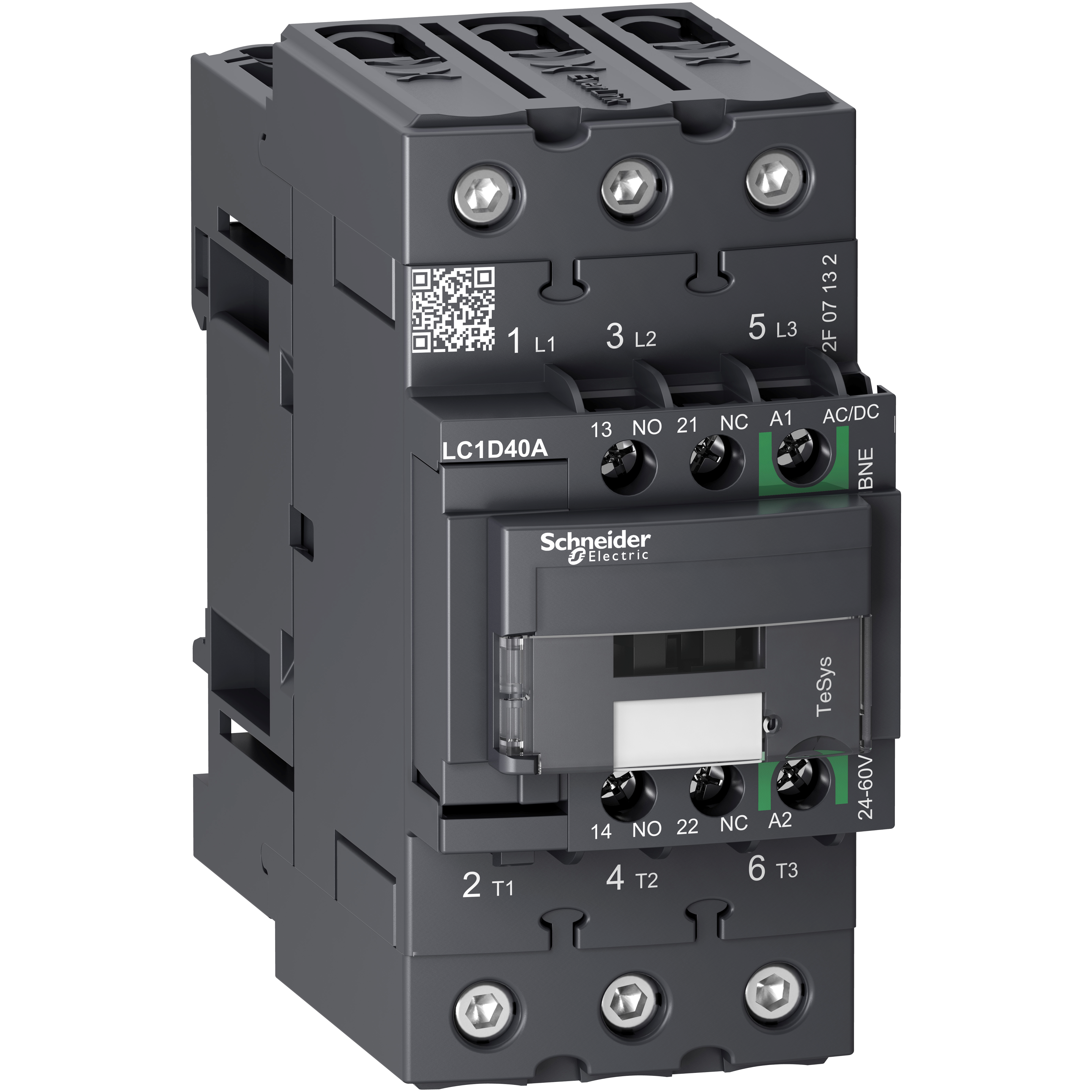 TeSys D Green: kontaktor 3P EverLink, 40A (AC-3), 60A (AC-1), 24-60V AC/DC, 1NO+1NC