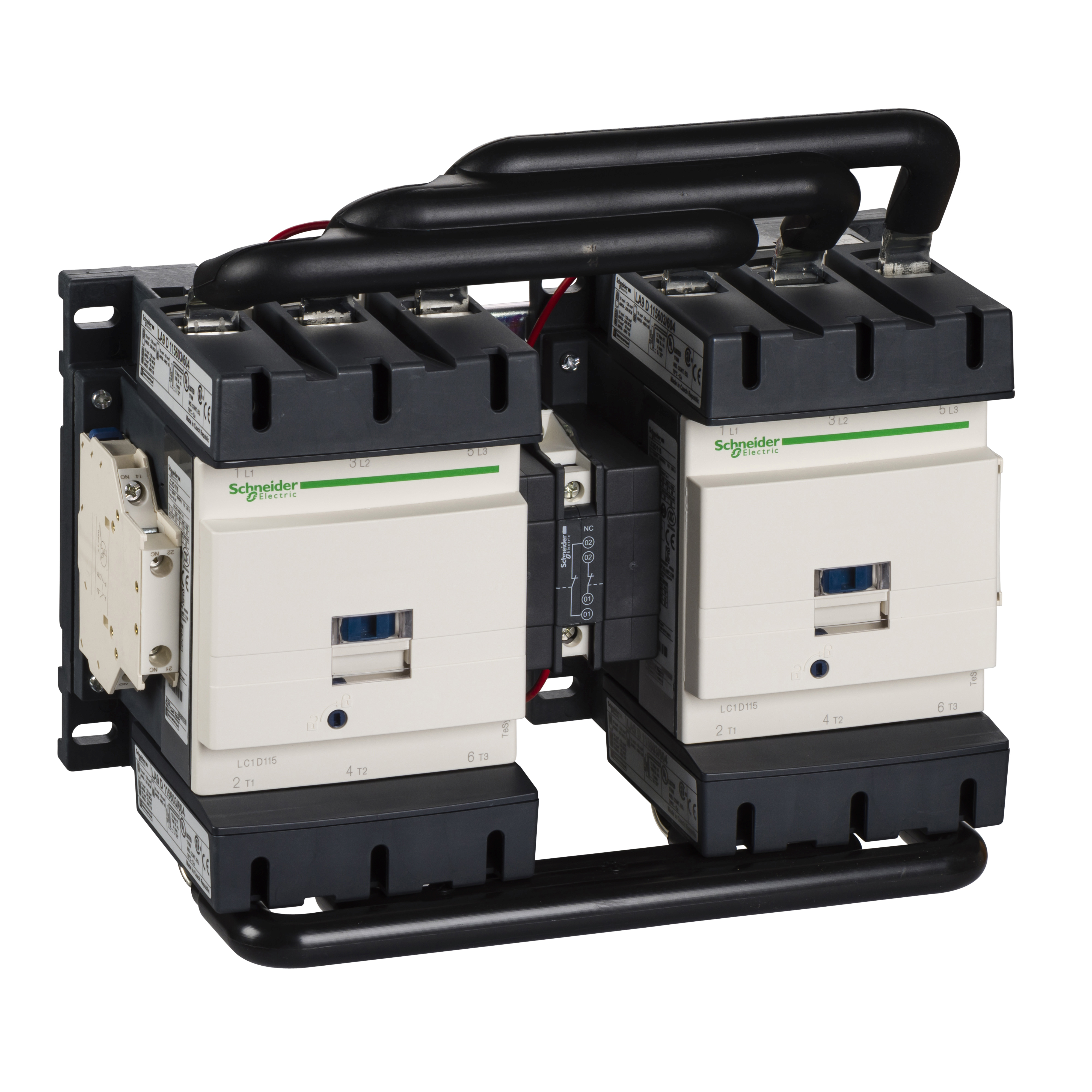 TeSys D: energetski kontaktorski par za reverziranje, blokada mehanička, 3P na zavrtanj, ožičen, 115A (AC-3), kal. 230V AC, 50/60Hz, 1NO+1NC