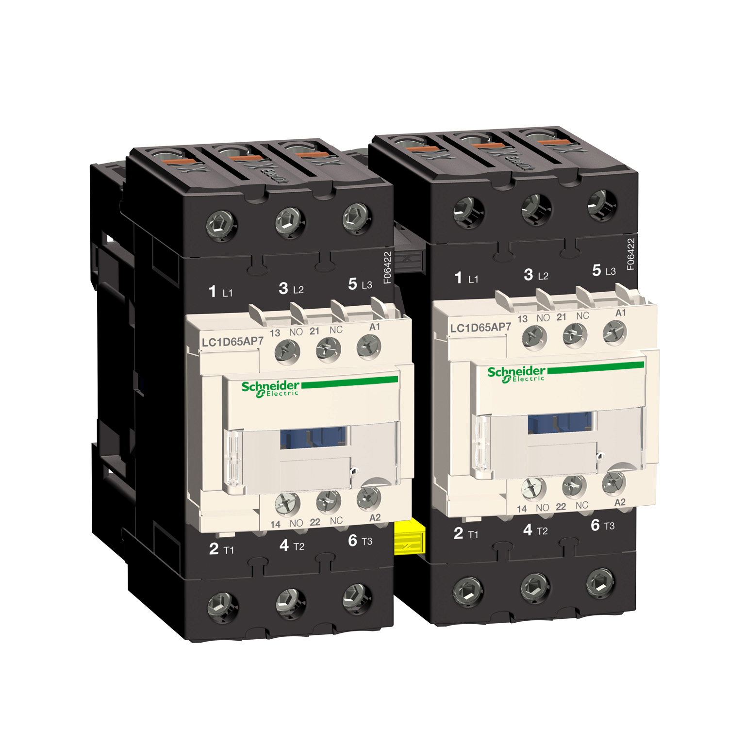 TeSys D: energetski kontaktorski par za reverziranje, blokada mehanička, 3P EverLink, ožičen, 65A (AC-3), kal. 230V AC, 50/60Hz, 1NO+1NC