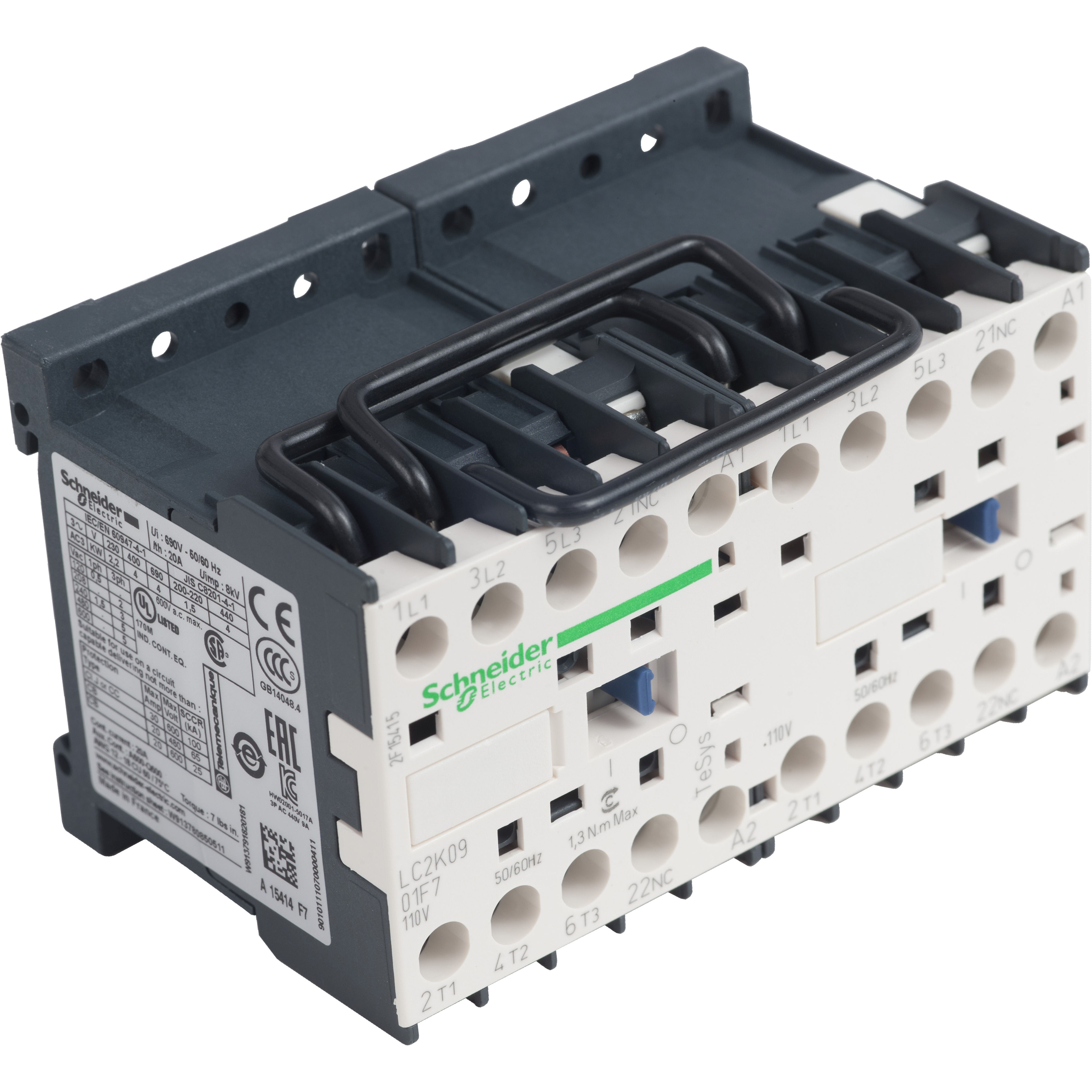 TeSys K: energetski kontaktorski par za reverziranje, blokada mehanička, 3P na zavrtanj, ožičen, 9A (AC-3), kal. 110V AC, 50/60Hz, 1NC