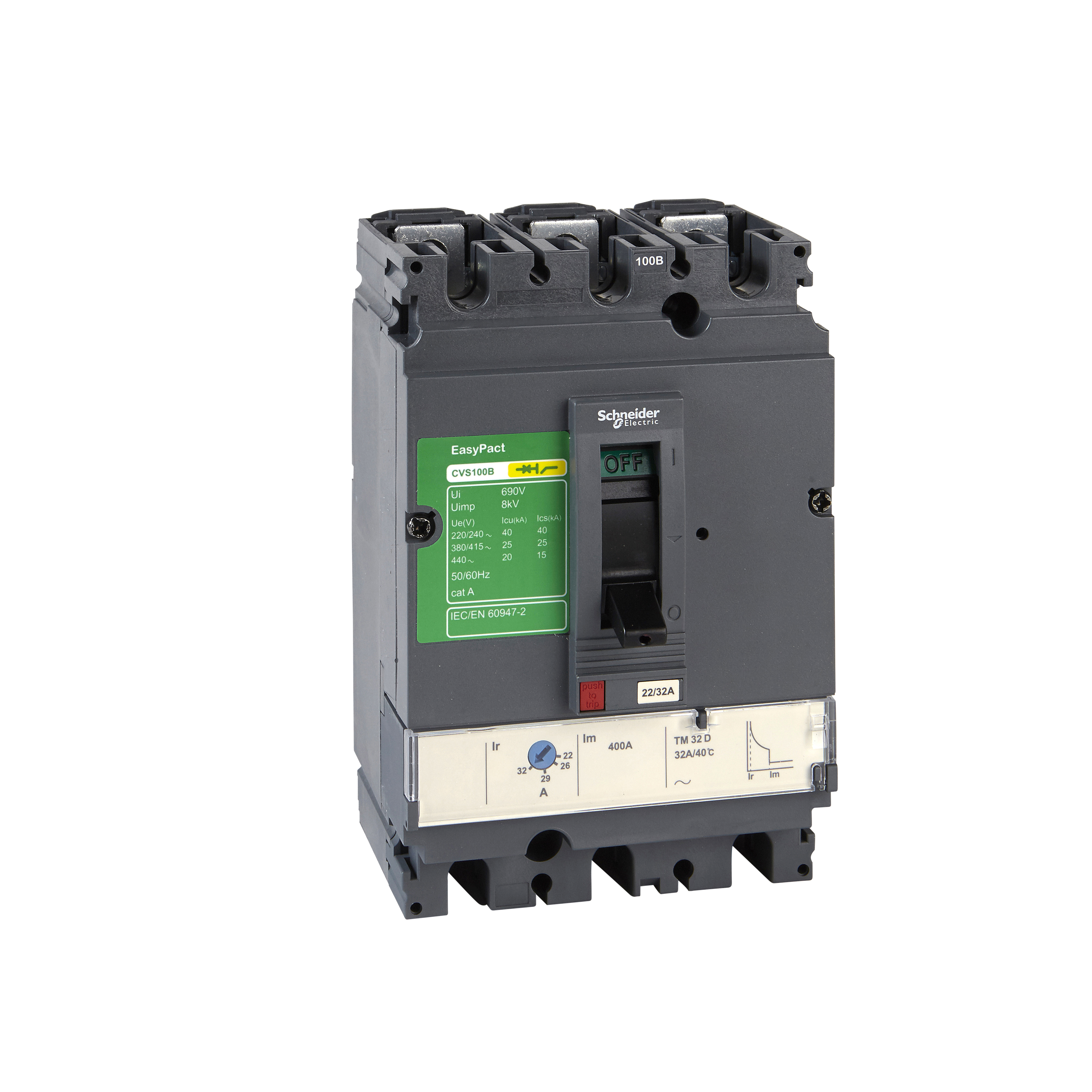 Kompaktni prekidac CVS100B, TM32D, 32A, 3P, 440V AC, 50/60Hz, Icu=25kA: Ics=100%Icu