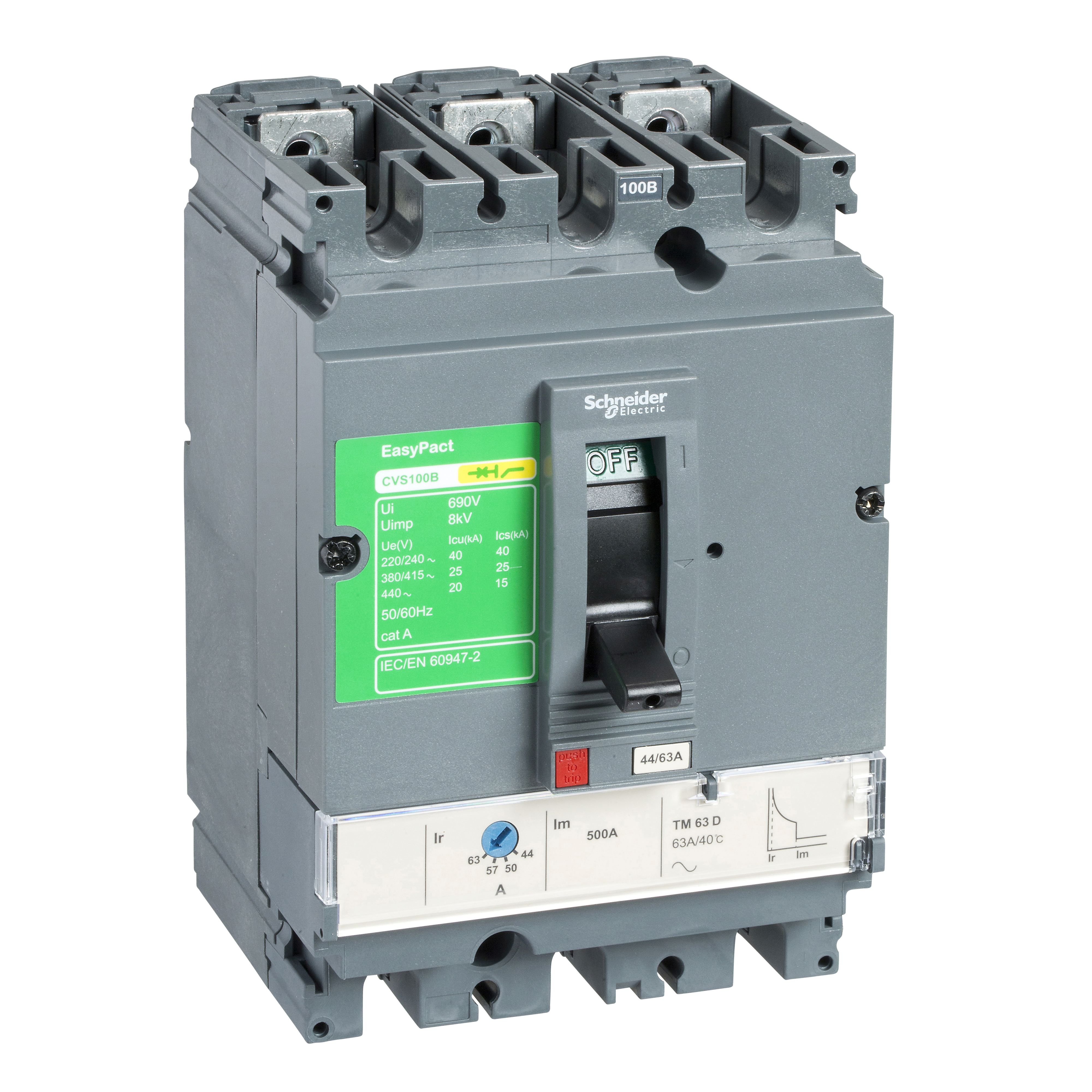 Kompaktni prekidac CVS100B, TM63D, 63A, 3P, 440V AC, 50/60Hz, Icu=25kA: Ics=100%Icu