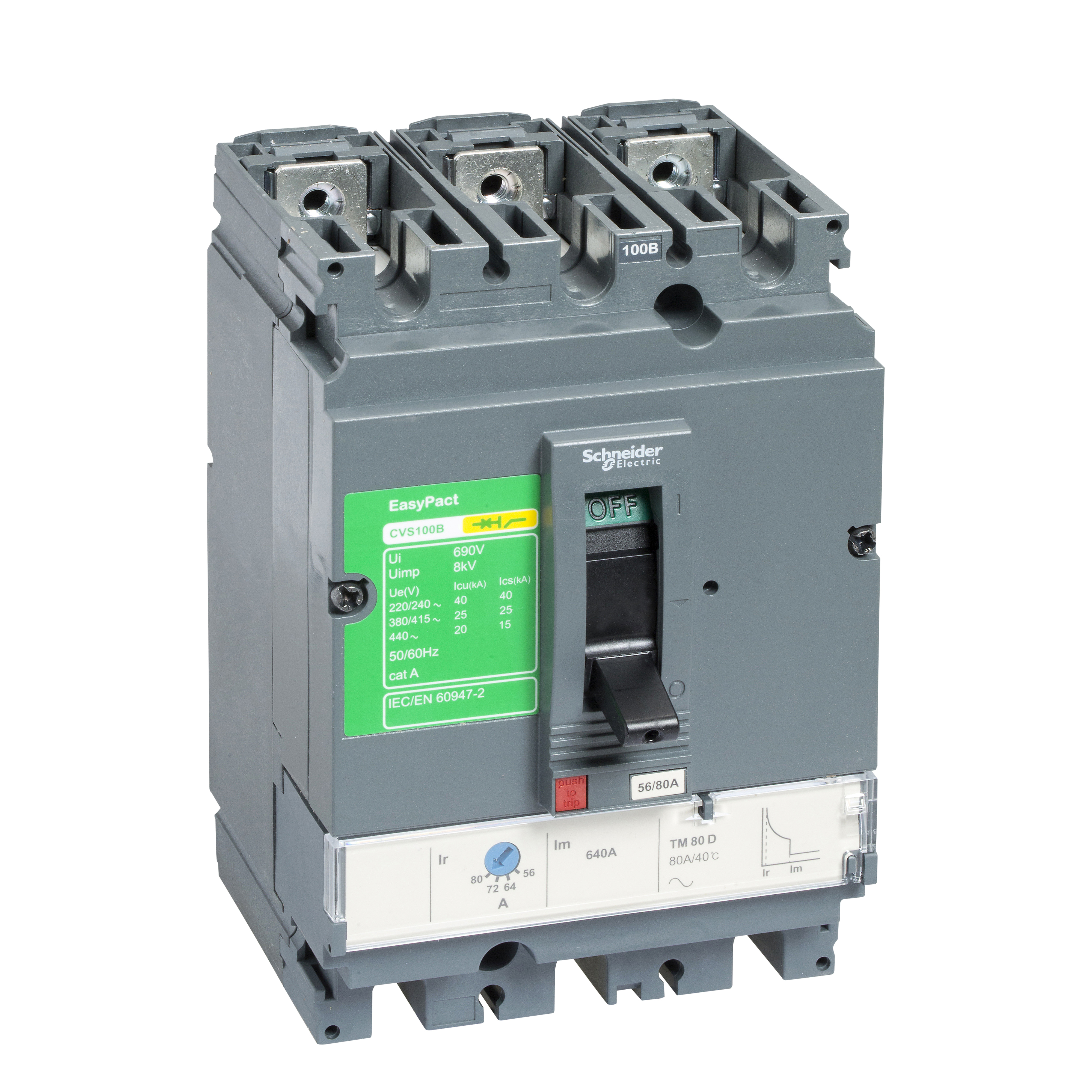 Kompaktni prekidac CVS100B, TM80D, 80A, 3P, 440V AC, 50/60Hz, Icu=25kA: Ics=100%Icu