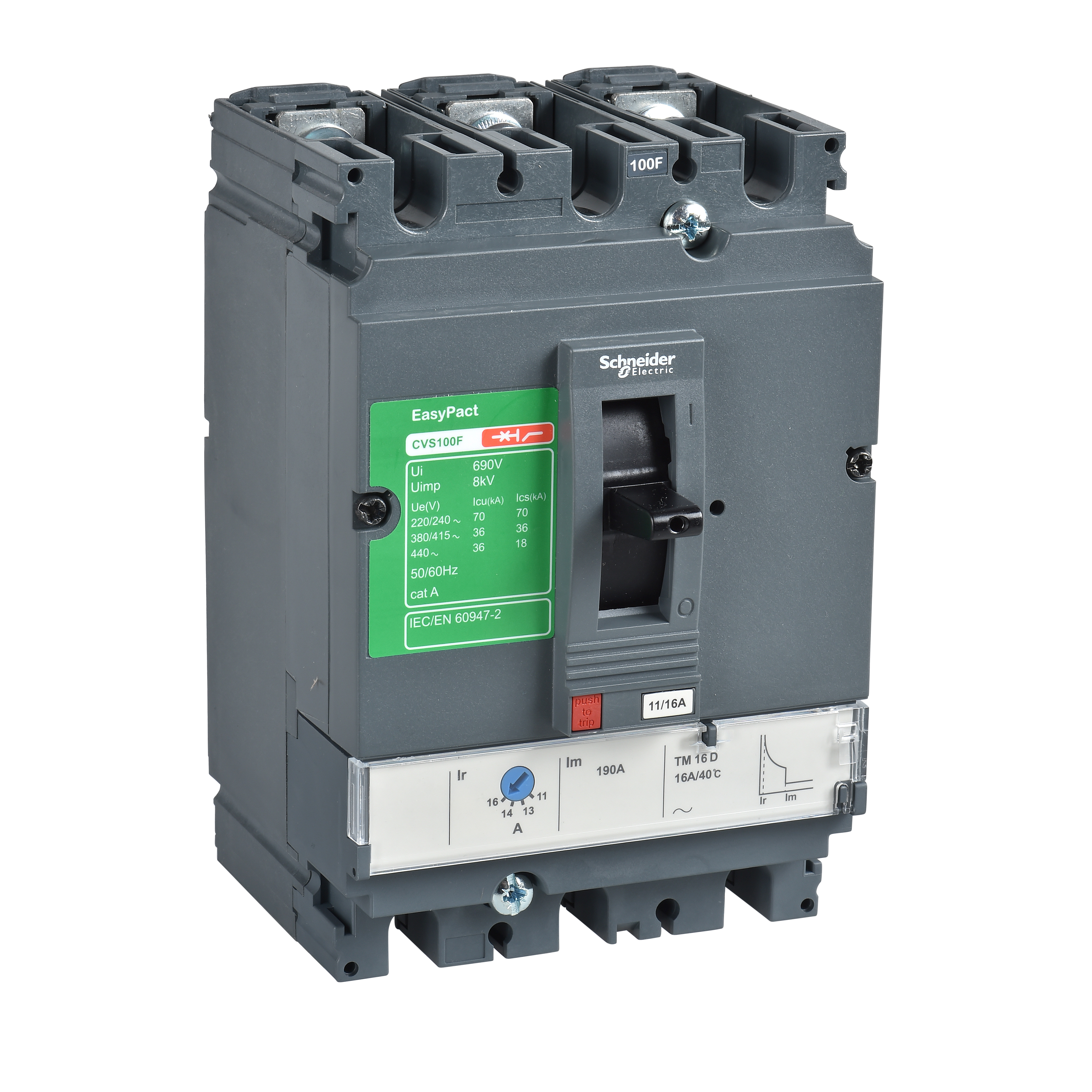 Kompaktni prekidac CVS100F, TM16D, 16A, 3P, 440V AC, 50/60Hz, Icu=36kA: Ics=100%Icu