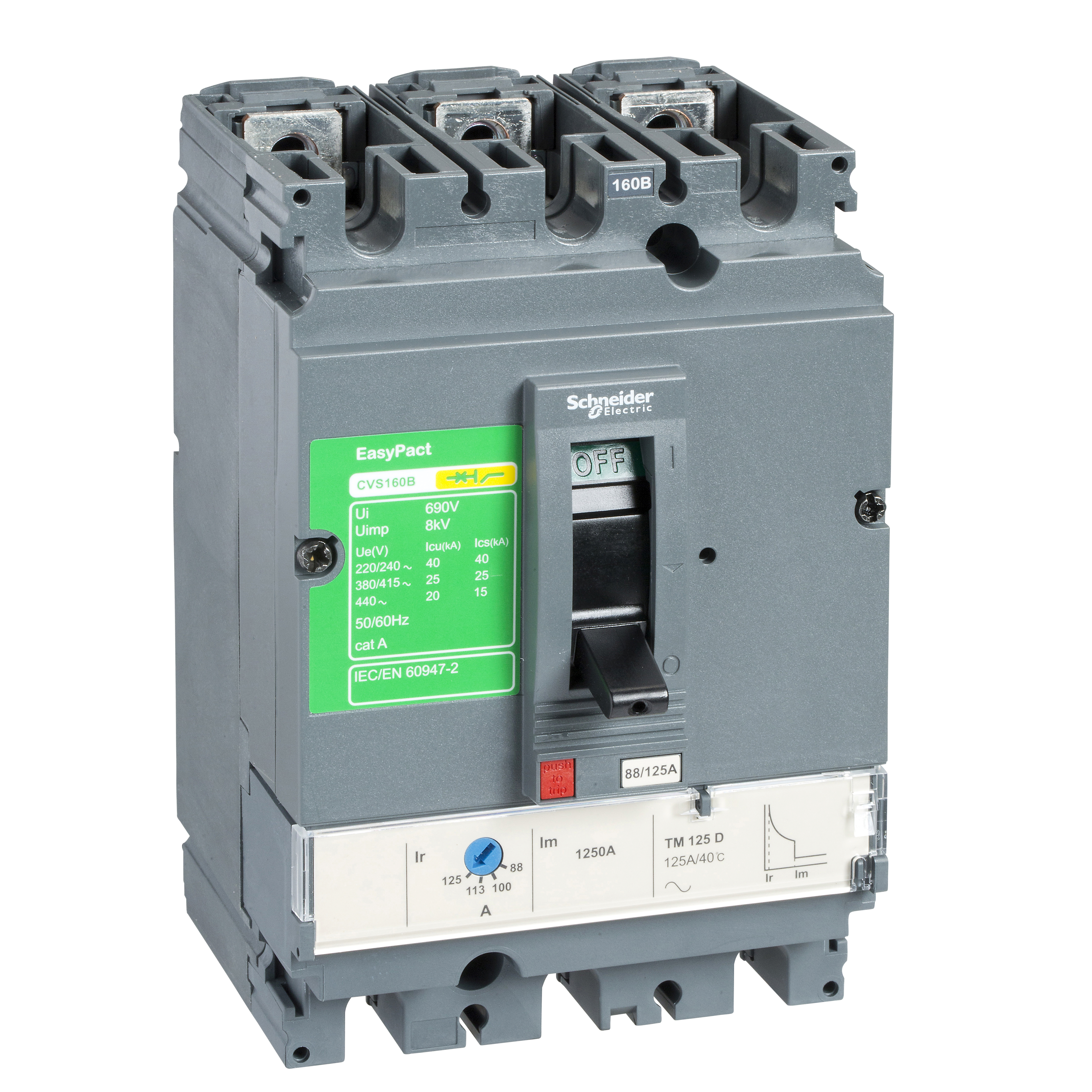 Kompaktni prekidac CVS160B, TM125D, 125A, 3P, 440V AC, 50/60Hz, Icu=25kA: Ics=100%Icu