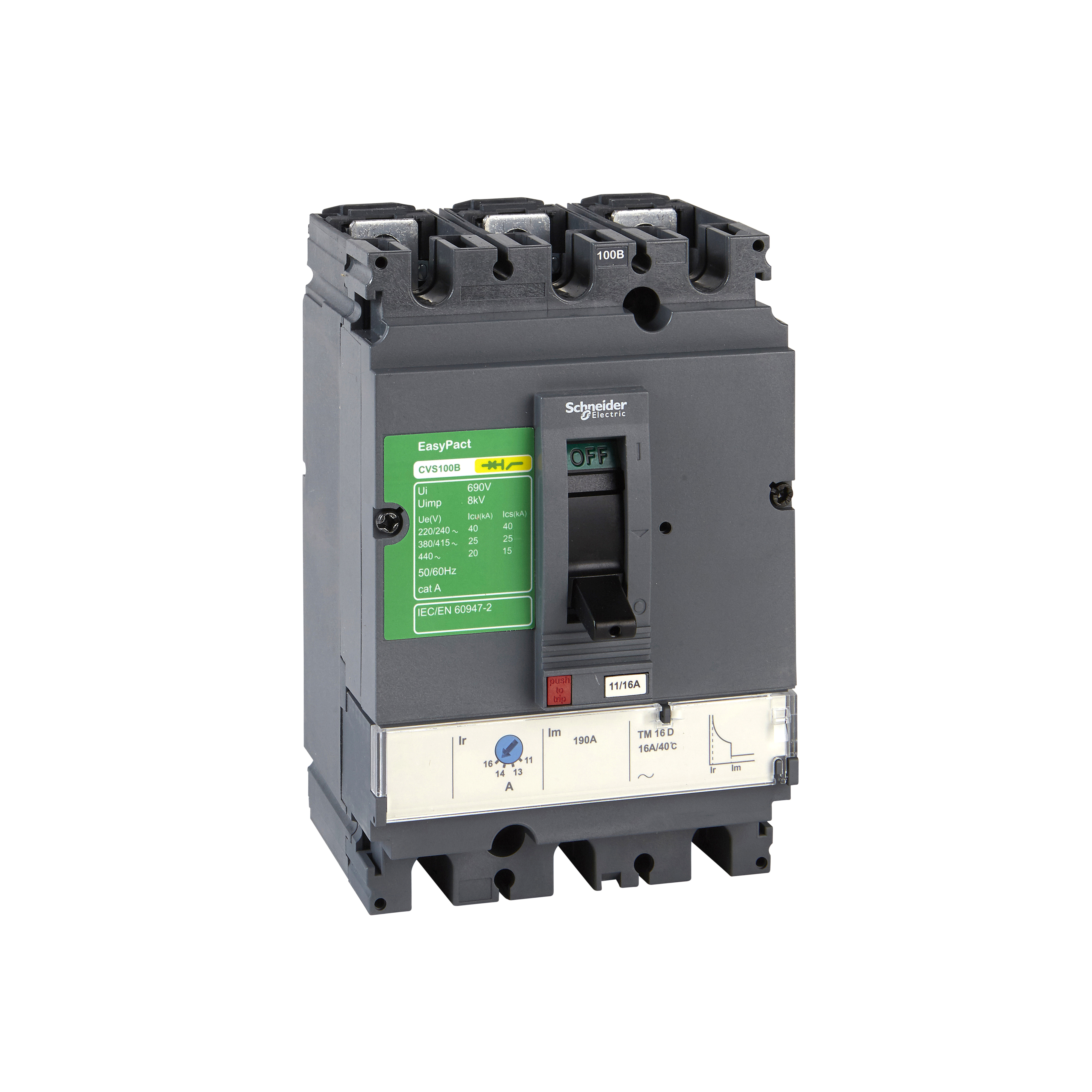 Kompaktni prekidac CVS400F, TM320D, 320A, 3P, 440V AC, 50/60Hz, Icu=36kA: Ics=100%Icu, Im=5-10In