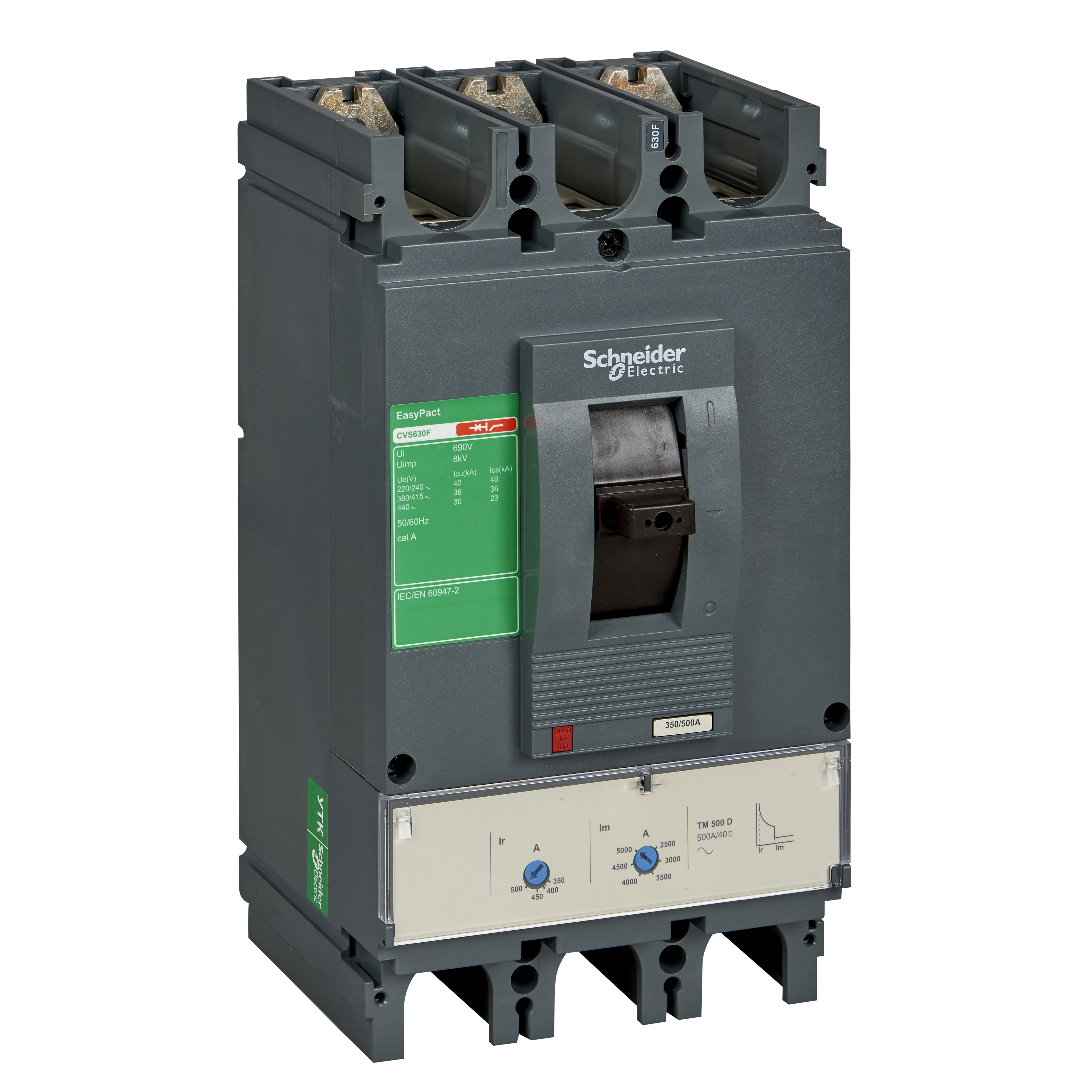 Kompaktni prekidac CVS630F, TM500D, 500A, 3P, 440V AC, 50/60Hz, Icu=36kA: Ics=100%Icu, Im=5-10In