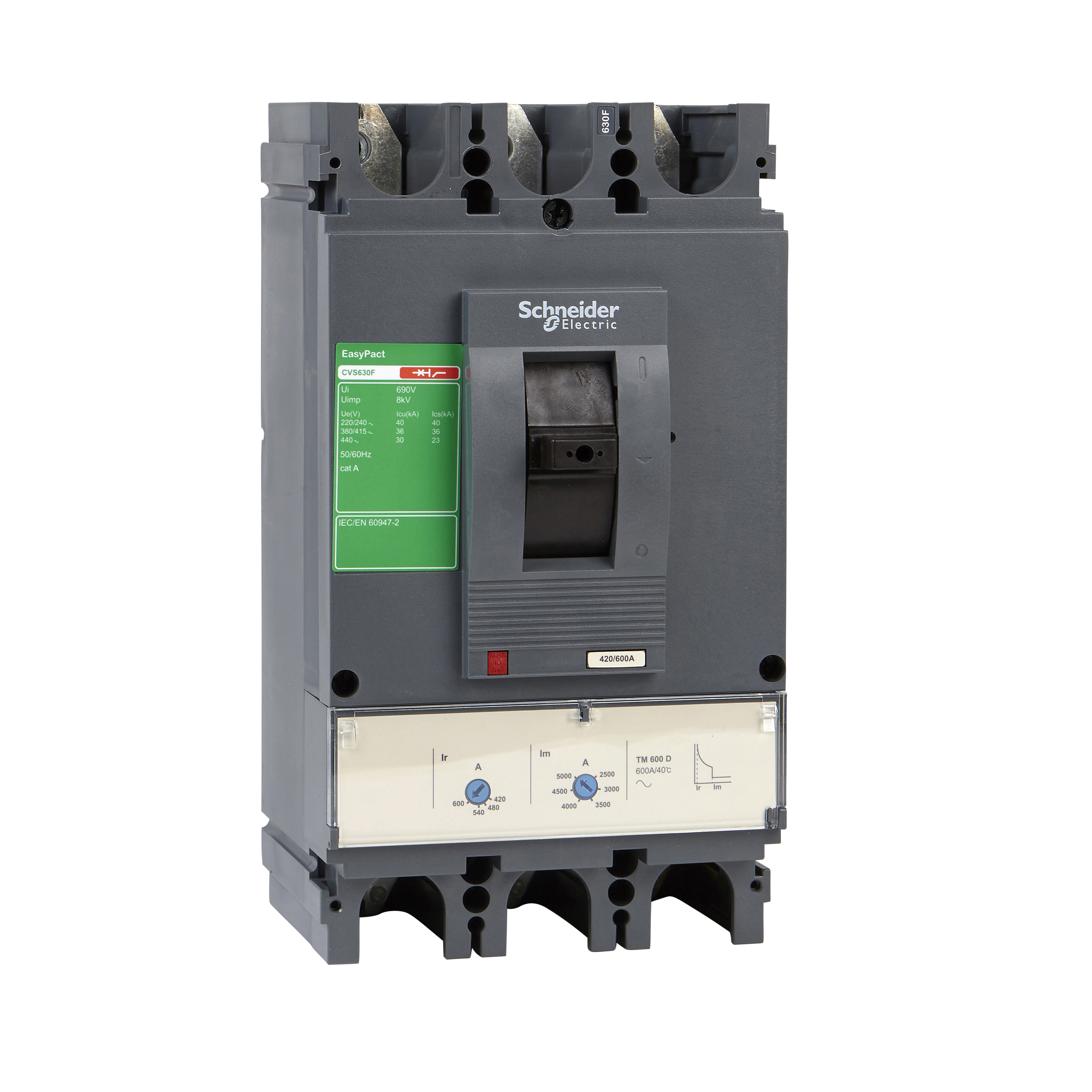 Kompaktni prekidac CVS630F, TM600D, 600A, 3P, 440V AC, 50/60Hz, Icu=36kA: Ics=100%Icu, Im=5-10In