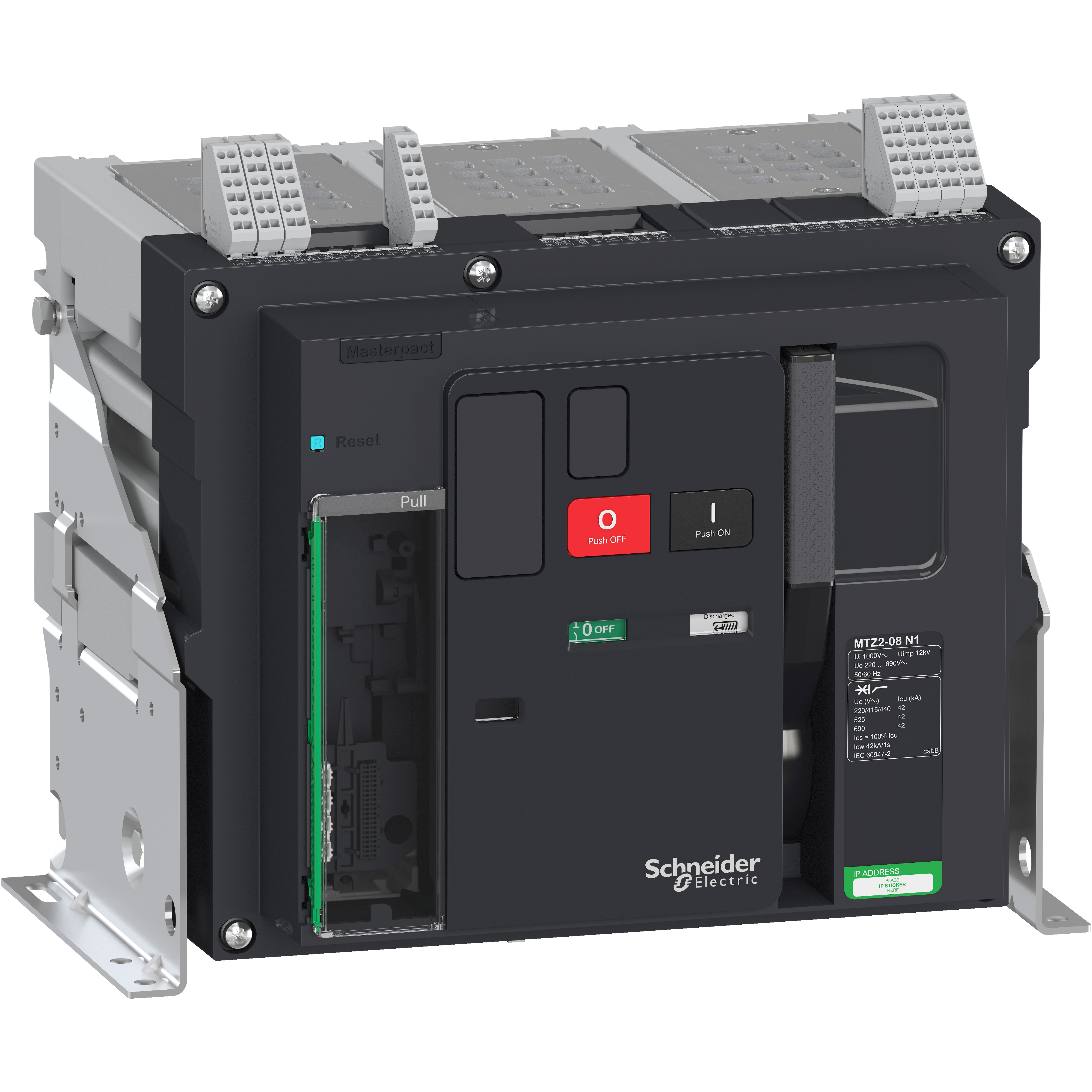 Prekidač Masterpact MTZ2 08N1, 800A, 3P, Icu=42kA pri 440VAC, fiksni, bez zastitne jedinice i prikljucaka, nazivni napon 690V, 4 preklopna kontakta signala stanja (OF), 1 preklopni kontakt signal greske (SDE)