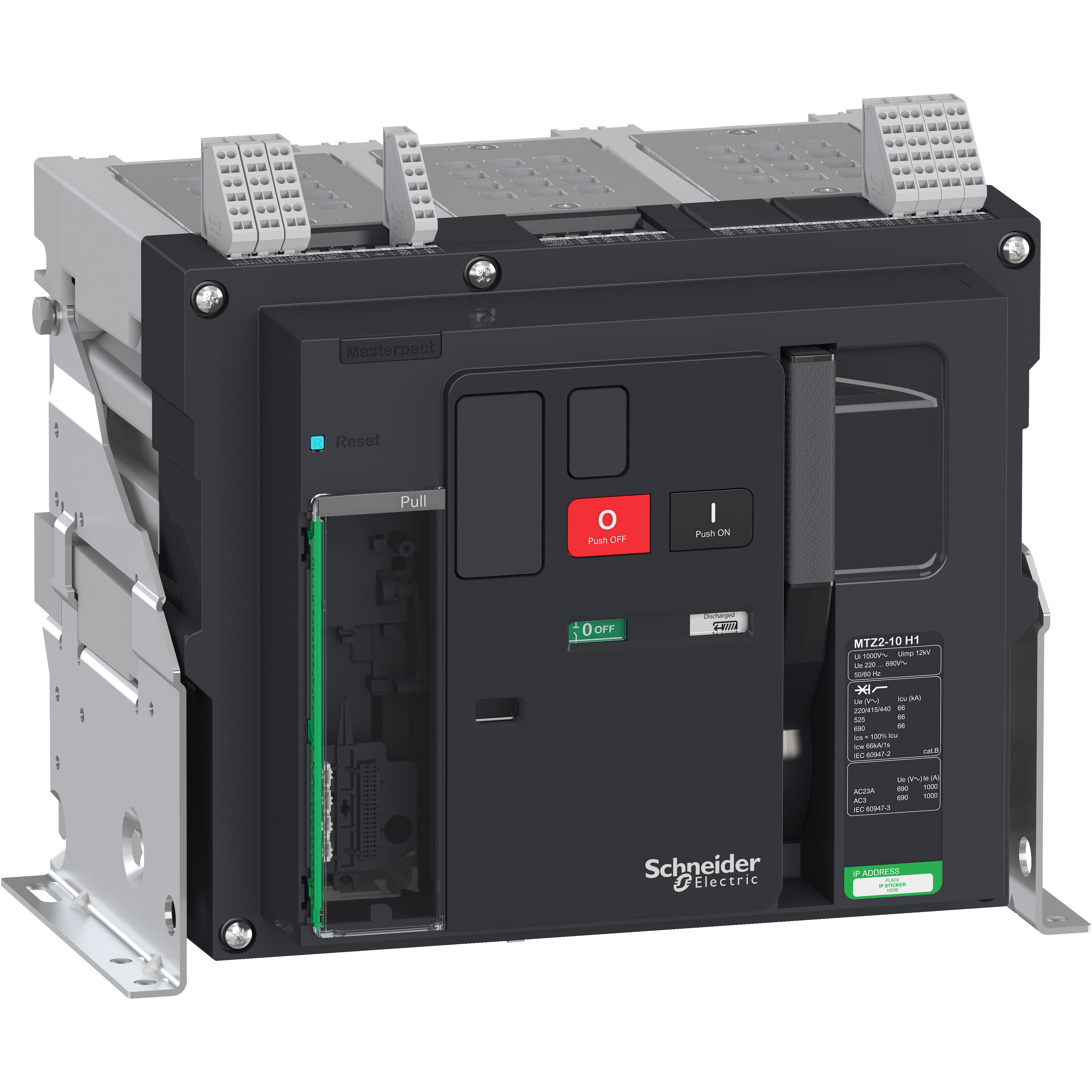 Prekidač Masterpact MTZ2 10H1, 1000A, 3P, Icu=66kA pri 440VAC, fiksni, bez zastitne jedinice i prikljucaka, nazivni napon 690V, 4 preklopna kontakta signala stanja (OF), 1 preklopni kontakt signal greske (SDE)