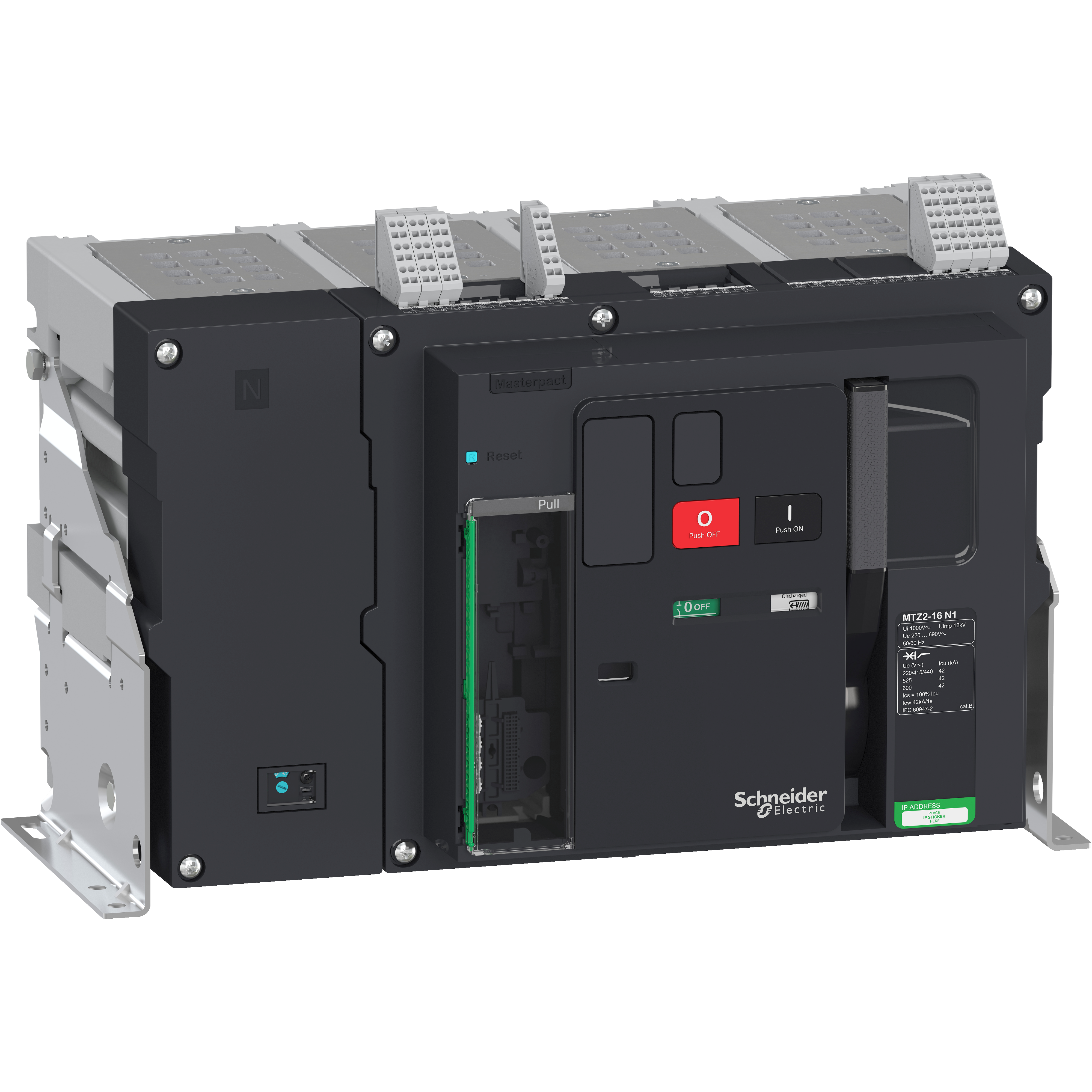 Prekidač Masterpact MTZ2 16N1, 1600A, 4P, Icu=42kA pri 440VAC, fiksni, bez zastitne jedinice i prikljucaka, nazivni napon 690V, 4 preklopna kontakta signala stanja (OF), 1 preklopni kontakt signal greske (SDE)