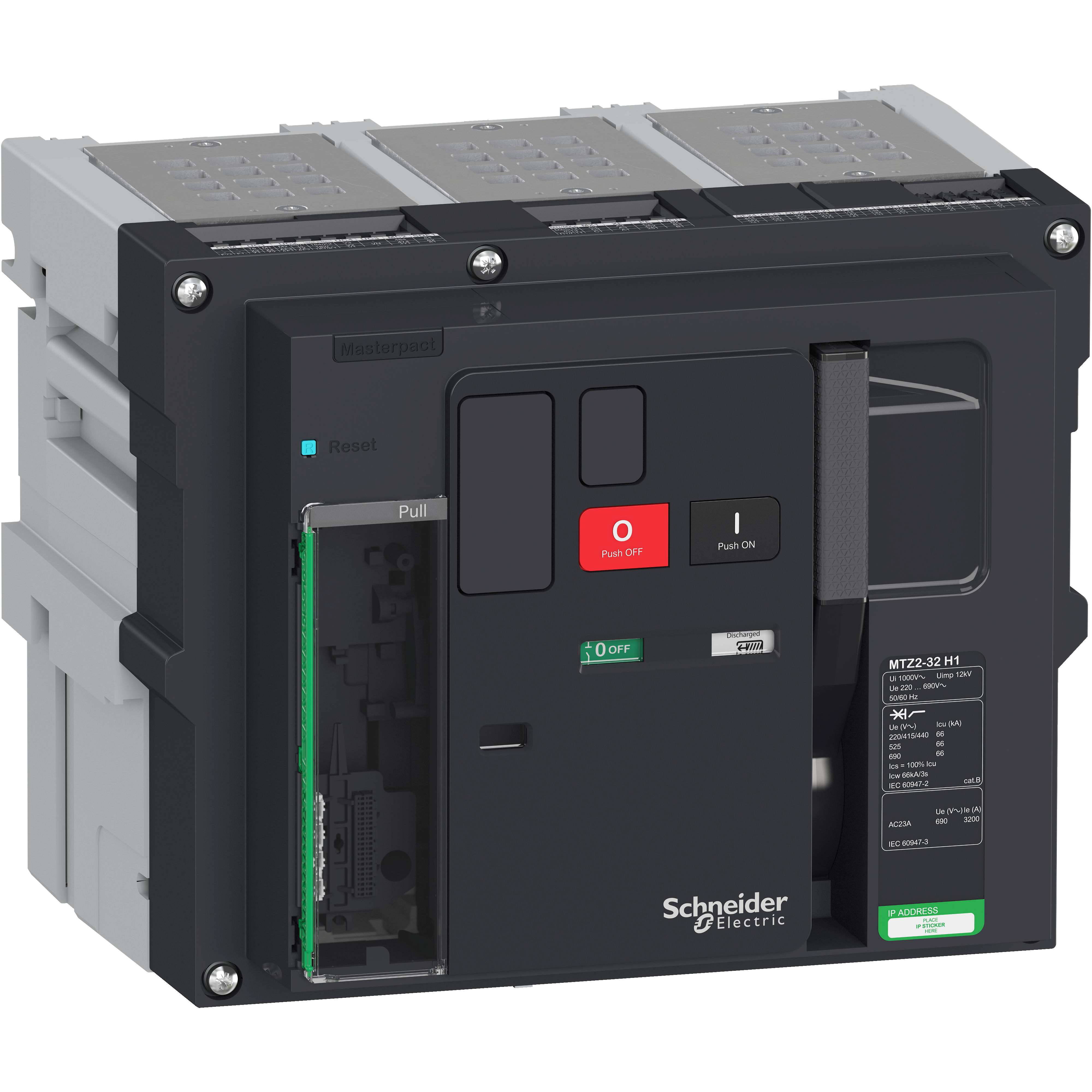Prekidač Masterpact MTZ2 32H1, 3200A, 3P, Icu=66kA pri 440VAC, izvlačivi, bez zastitne jedinice i prikljucaka, nazivni napon 690V, 4 preklopna kontakta signala stanja (OF), 1 preklopni kontakt signal greske (SDE)