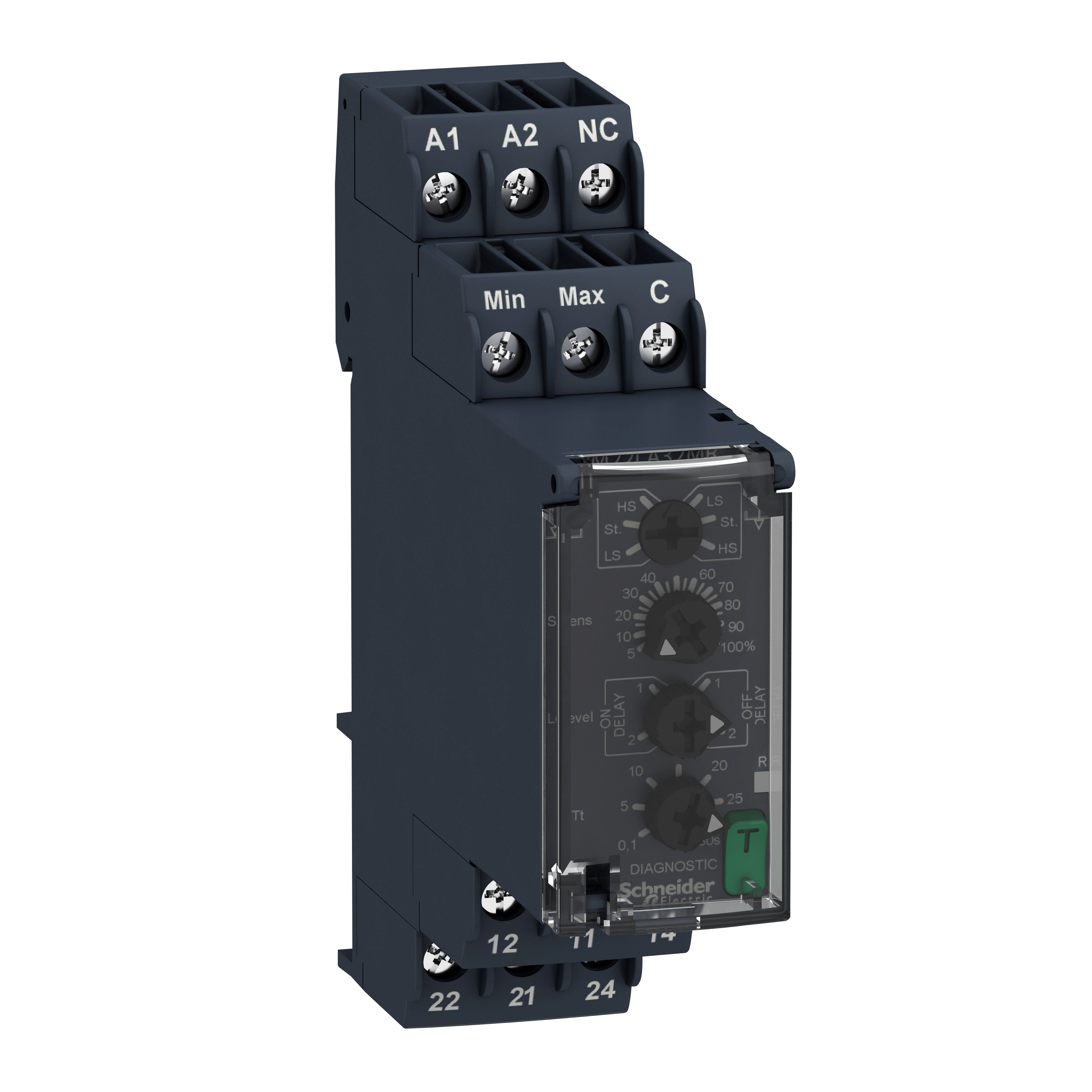 Zelio Control RM22: rele za kontrolu nivoa tecnosti (min-max), sa vrem. Zatezanjem 0.1…30s, osetljivost 250om-a…1Mom, 2C/O, 24...240V AC/DC