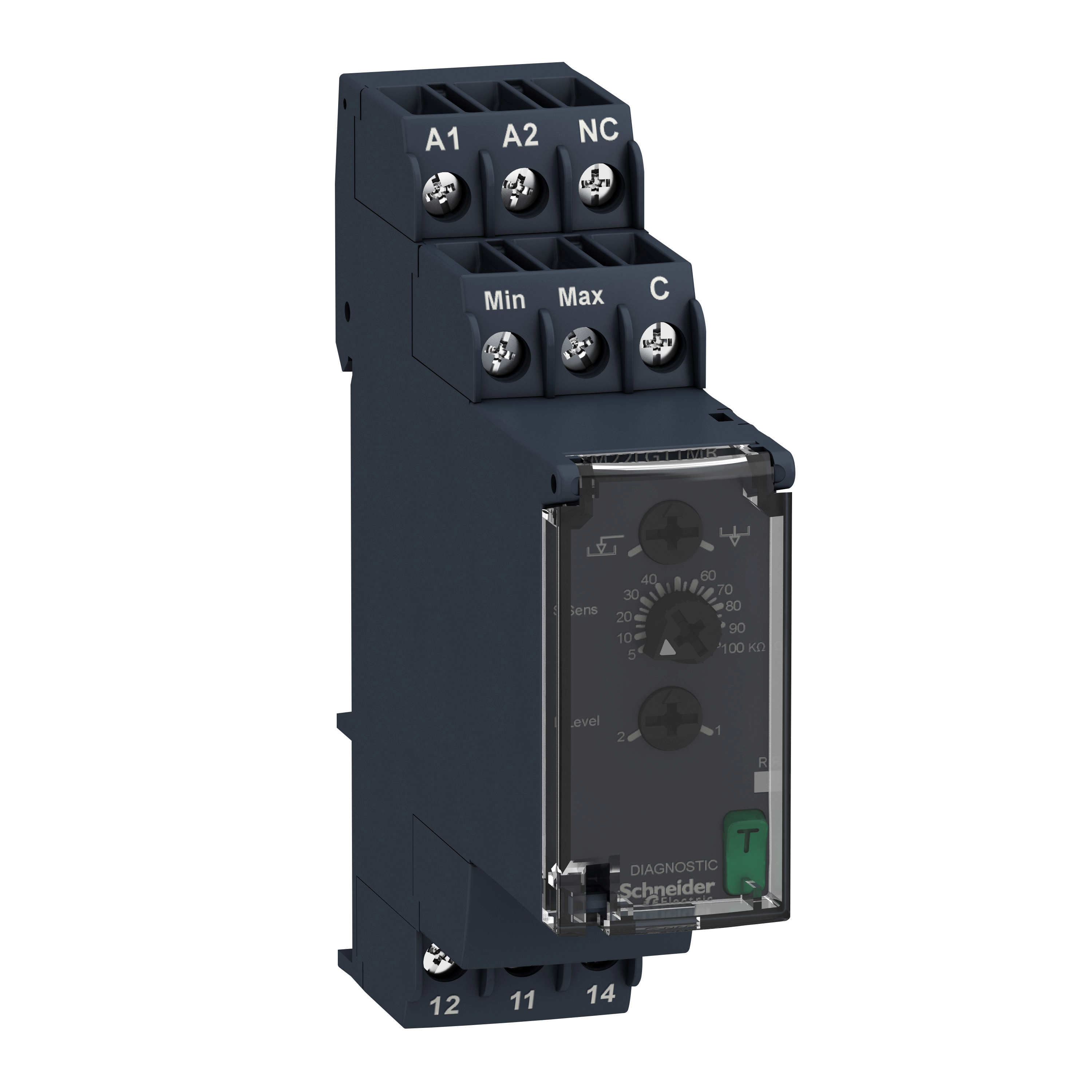Zelio Control RM22: rele za kontrolu nivoa tecnosti (min-max), osetljivost 5…100koma, 1C/O, 24...240V AC/DC
