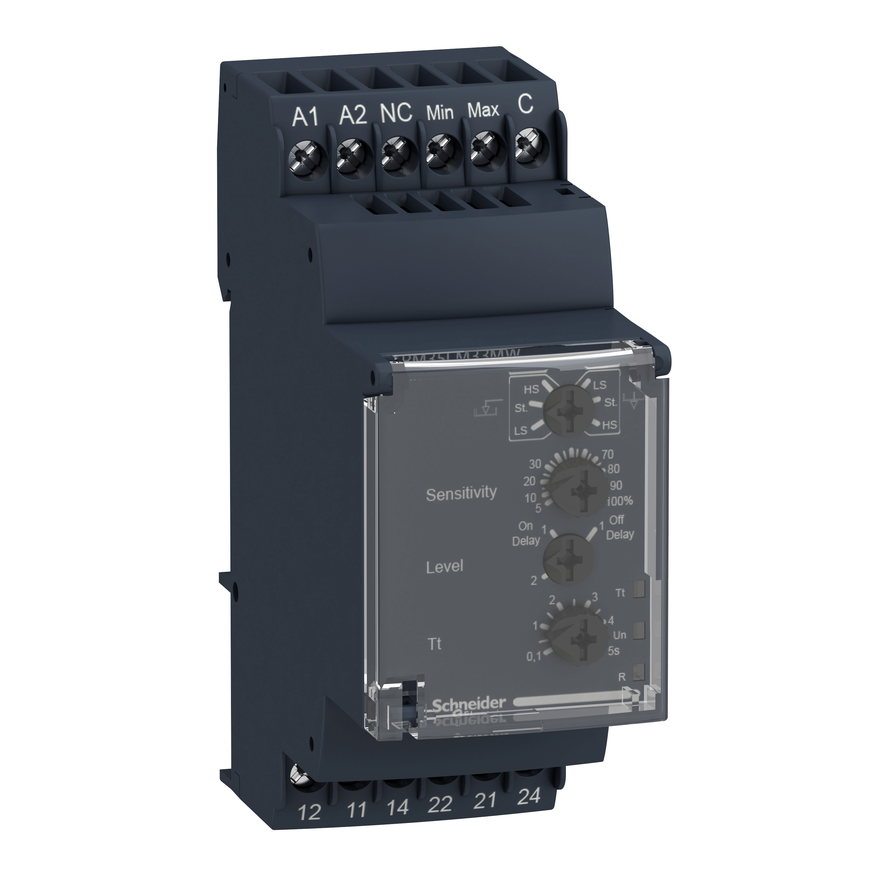 Zelio Control RM35: modularno rele za kontrolu nivoa (min-max), 2C/O, 5A, vremensko zatezanje 0,1....5s, 24...240V AC/DC, detekcija sondama(nisu obuhvacene)