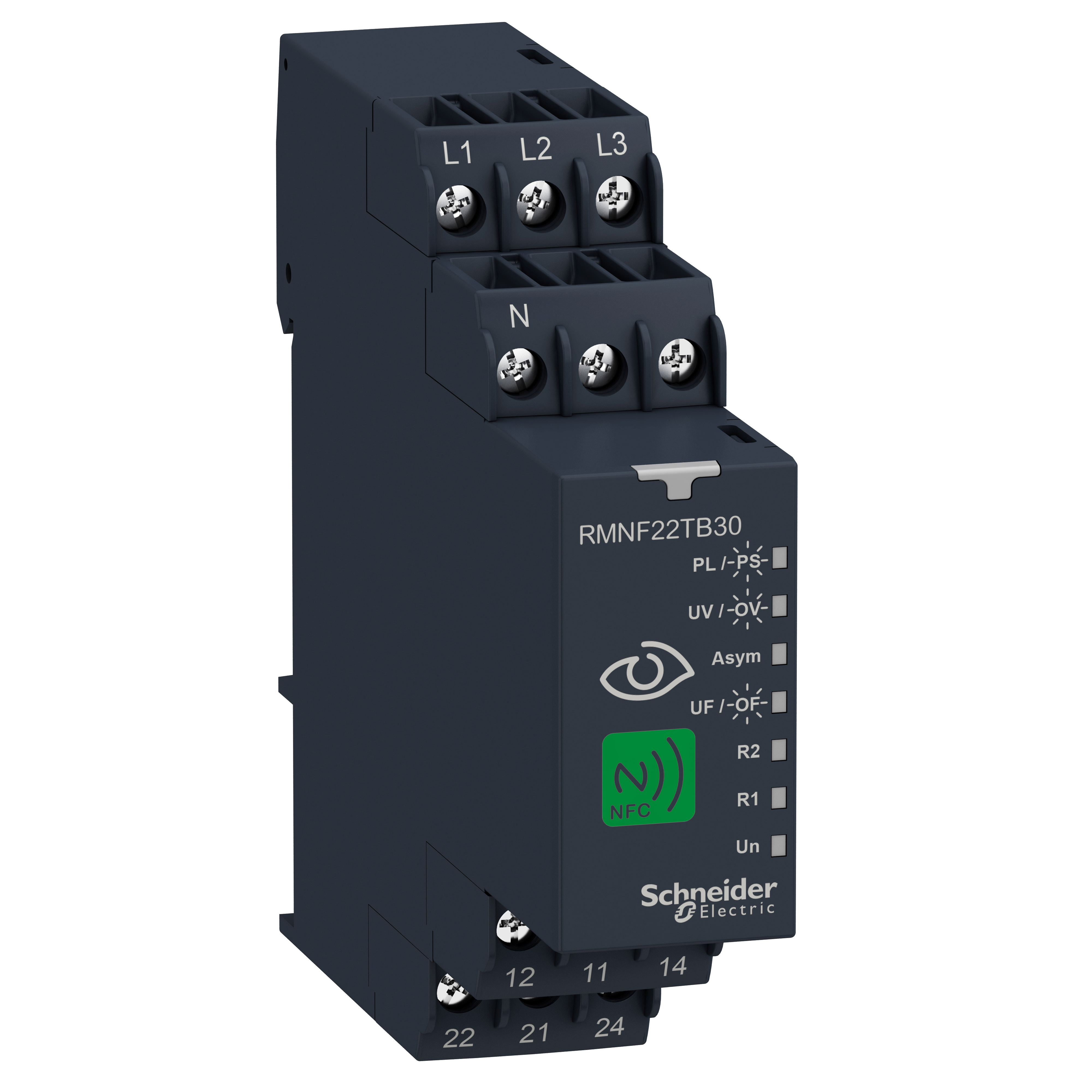 Harmony NFC, multifunkcionalno kontrolno rele, 3f, 8A, 2CO 208…480V AC (prisutnost i rotacije faza, asimetrije faza, podnaponsko, nadnaponsko, podfrekventno i nadfrekventno rele, On/Off-delay 0.1 s...60 min)