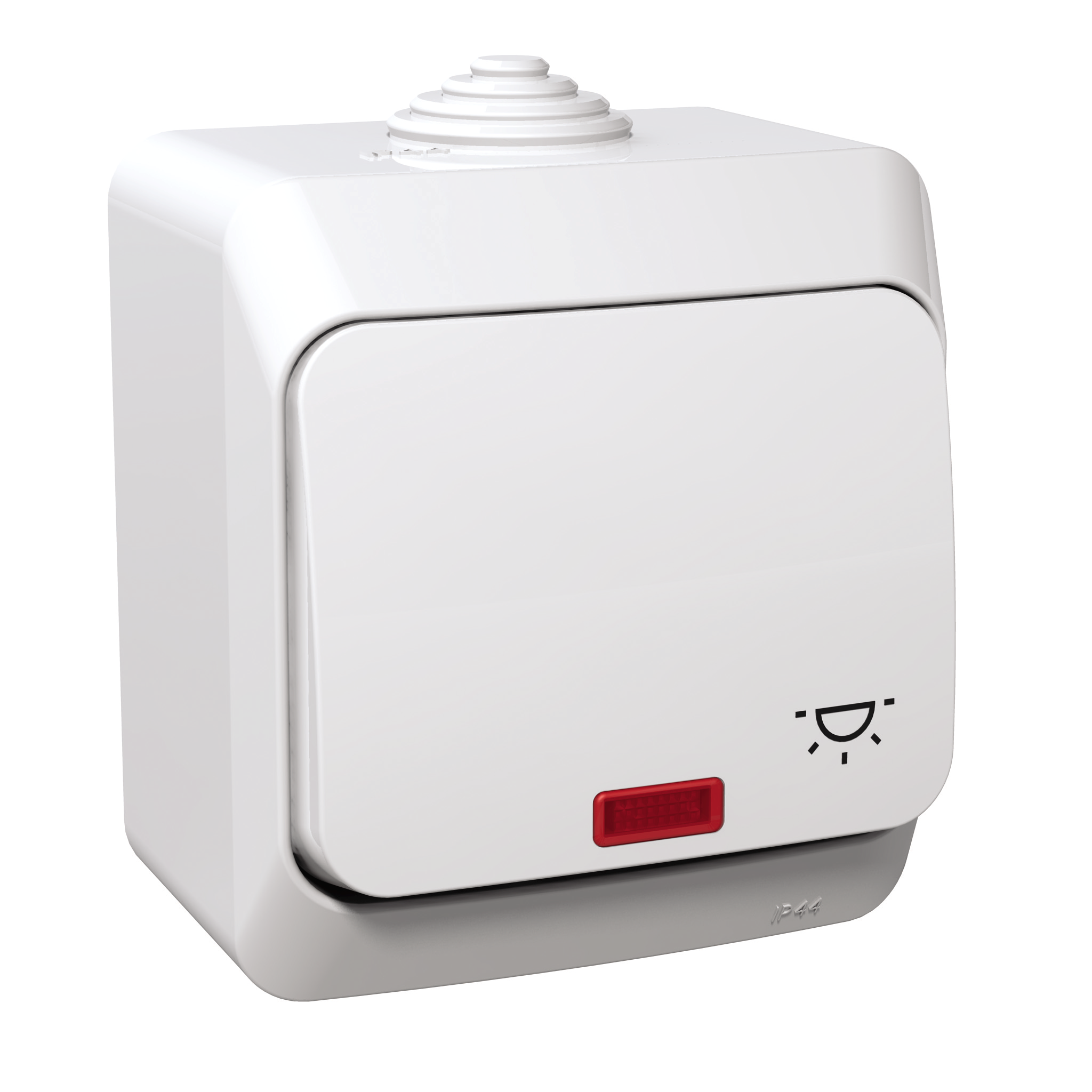 Cedar Plus: taster sa simbolom "svetlo" i sa lokatarskom lampicom, 16A, nadgradni, IP44, beli