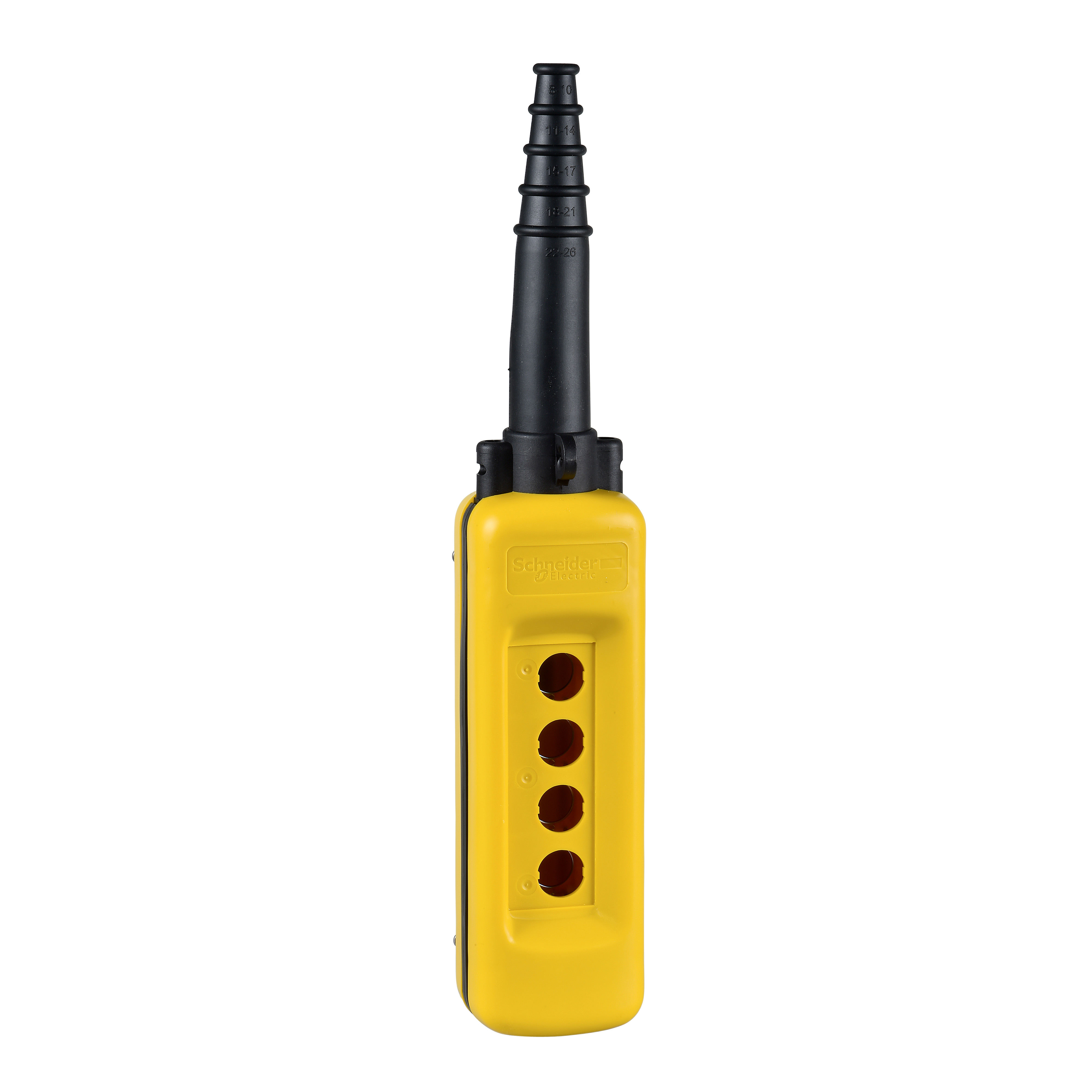 Harmony XACA: Viseće kućište, za indirektnu komandu, polypropylen, žuto, četiri otvora, zaštitni uvodnik Ø8...26mm, IP65