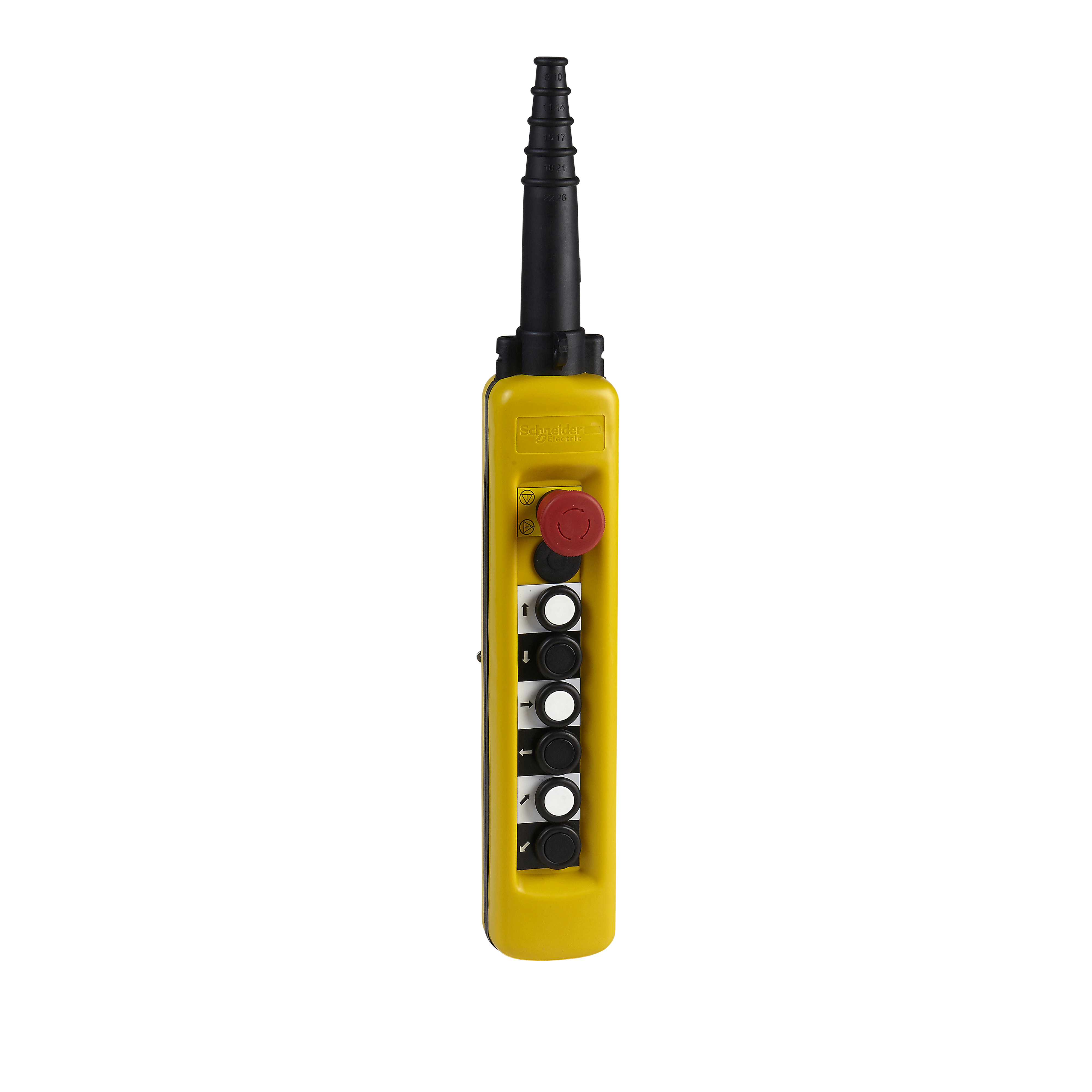 Harmony XACA: Viseca kombinacija za jednobrzinske motore, indirektna komanda, zuta, sest tastera, 6x(1NO), mehanicka blokada parova, stop taster 3NC pecurka Ø40, zastitni uvodnik Ø8...26mm, IP65