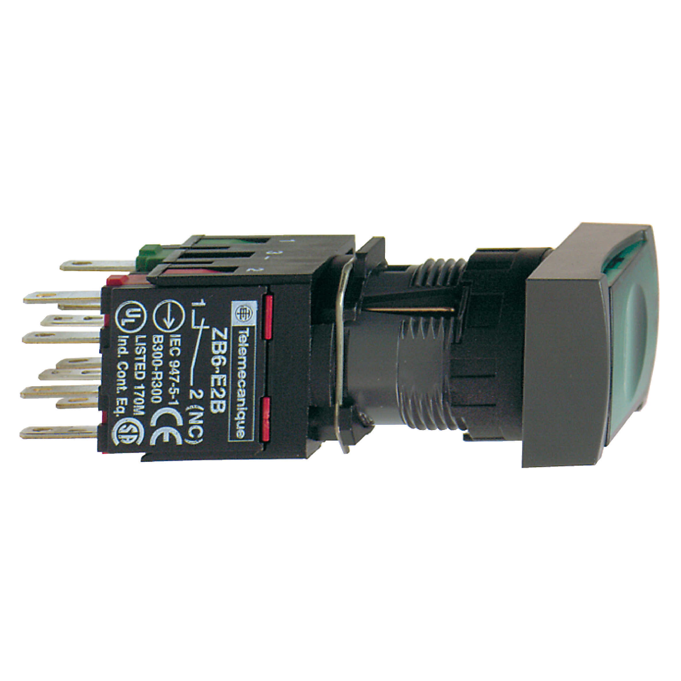 Harmony 6: Taster svetleći fi 16, plastični, LED 12...24V AC/DC, pravougaoni, sa povratkom, ravan, zeleni, 1NO+1NC, IP65