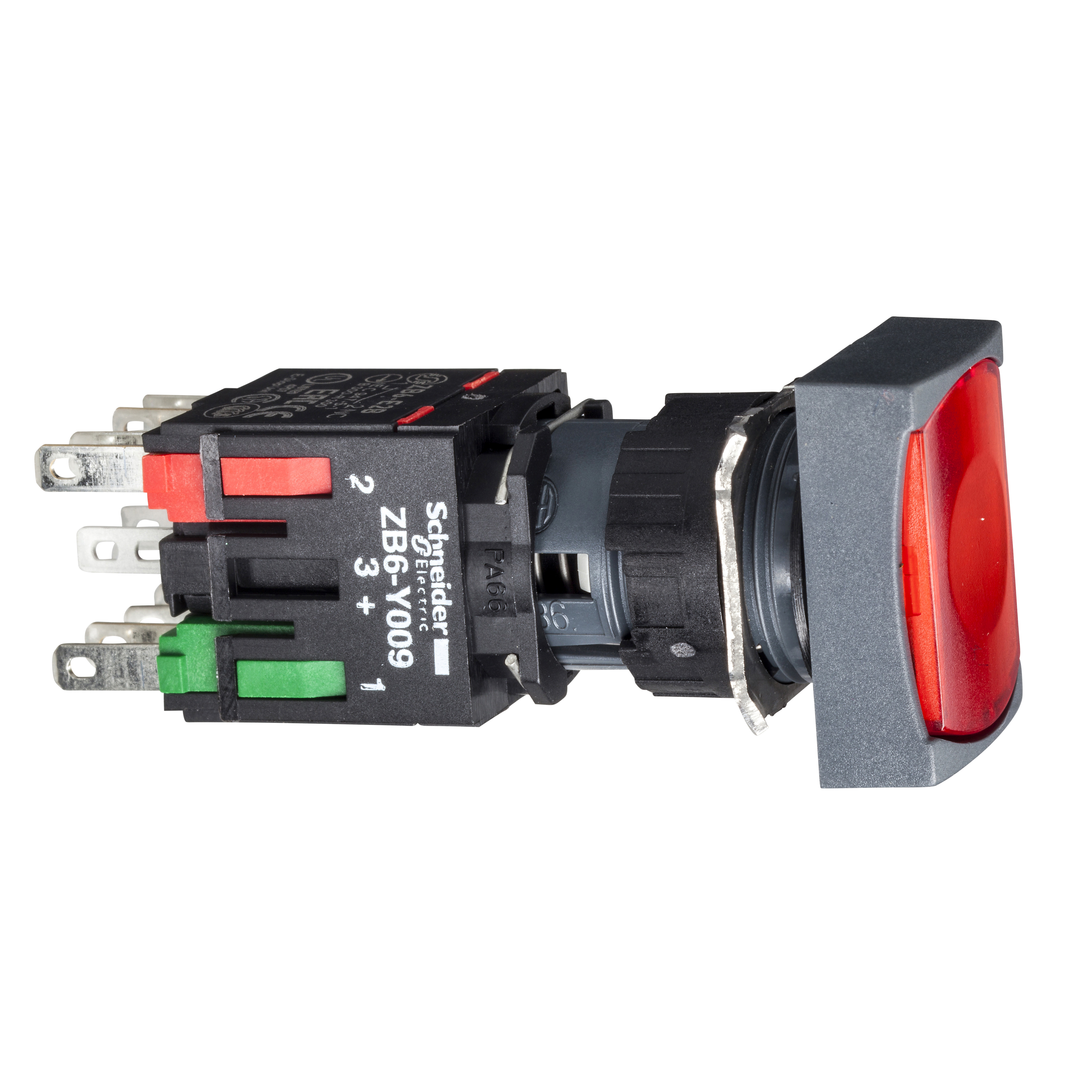Harmony 6: Taster svetleci fi 16, plasticni, LED 12...24V AC/DC, pravougaoni, sa povratkom, ravan, crveni, 1NC, IP65
