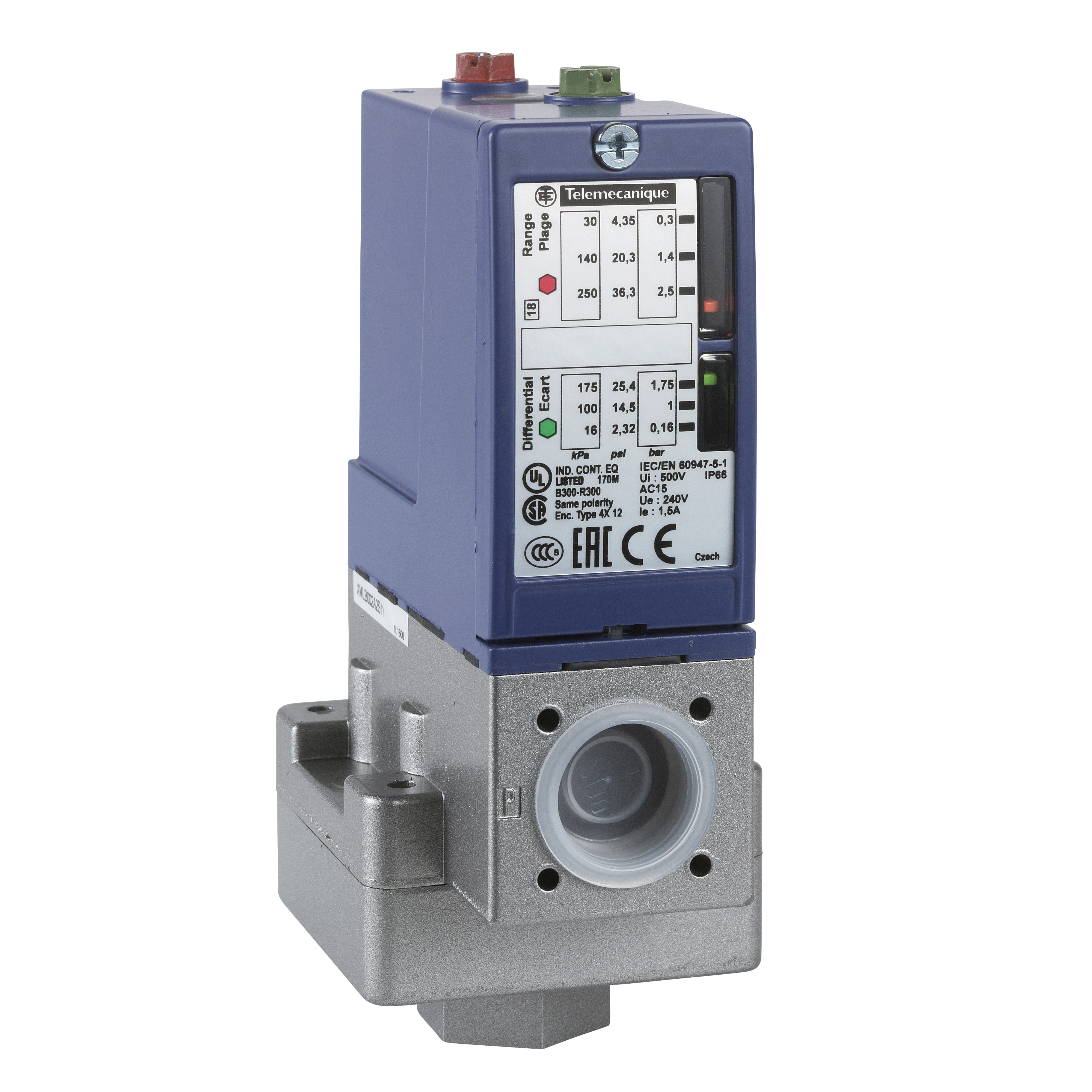 OsiSense XM: presostat, 0.3… 2.5 bar, 1CO, IP 66