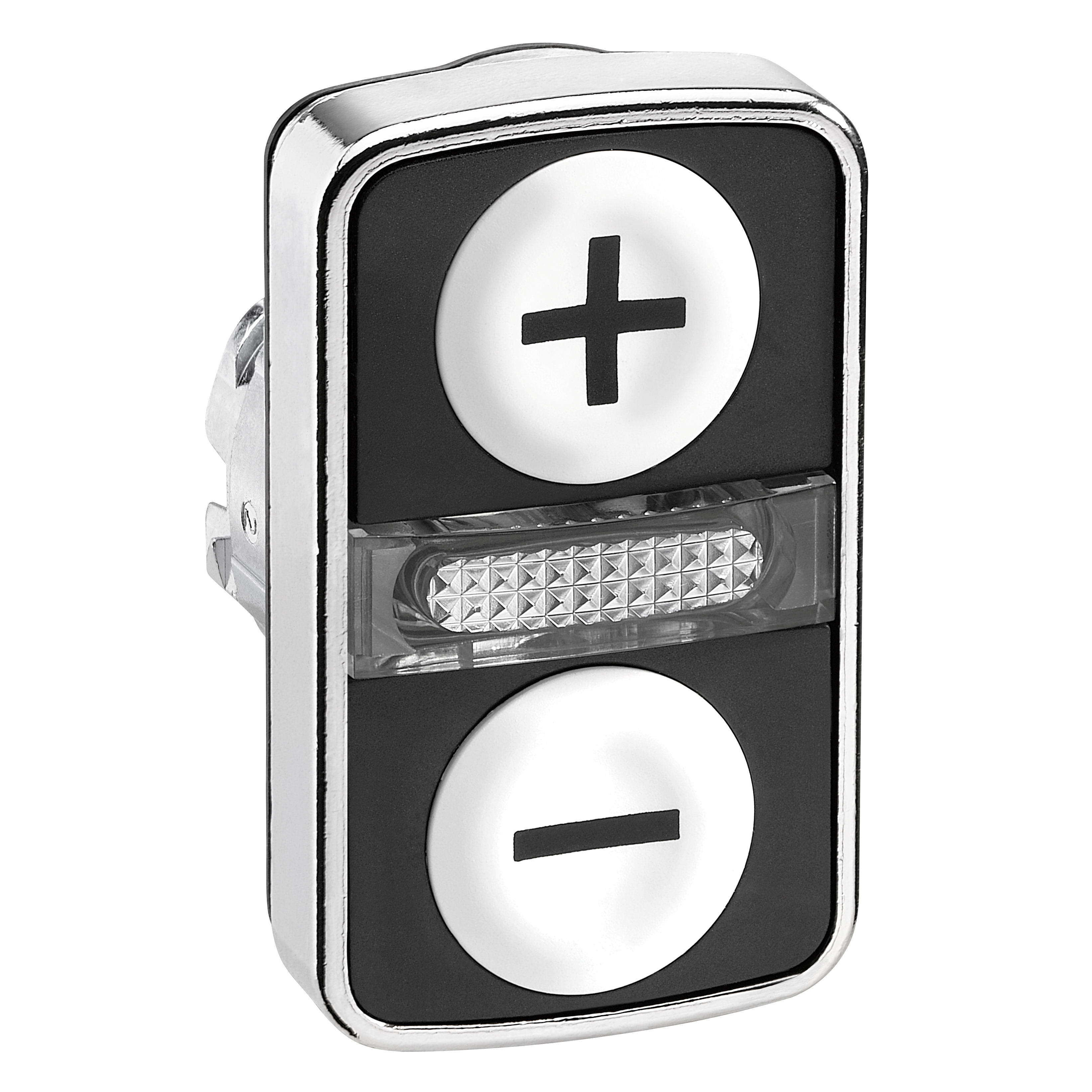Glava dvostrukog svetleceg tastera, metalna, bele kapice sa oznakama "+" i "-", LED, IP 67